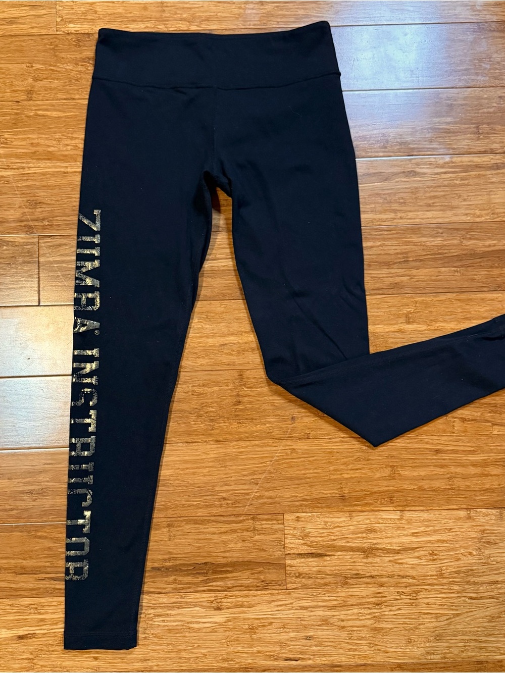 Zumba Fitness Women’s Black Leggings Gold Metallic Zumba Instructor Side Leg Hit